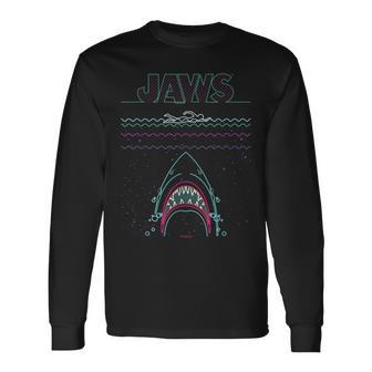 ジョーズ ネオンシャークアタックサーファーアートワーク 長袖Tシャツ - Kawaiitshirt