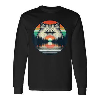 チンチラ ペルシャ猫 夕日 レトロスタイル ヴィンテージ 80年代 70年代 長袖Tシャツ - Kawaiitshirt