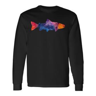 トラウトフィッシュのシルエット アートな水彩画 長袖Tシャツ - Kawaiitshirt