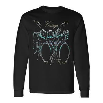 ドラムビンテージドラマードラムセットデザイン 長袖Tシャツ - Kawaiitshirt