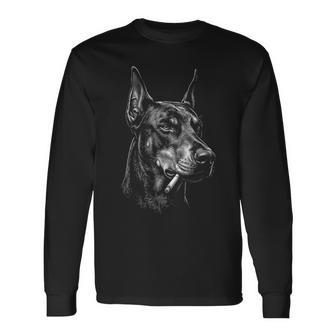 ドーベルマン 喫煙 タバコ 犬 ヴィンテージ ドーベルマン 面白い ミーム 長袖Tシャツ - Kawaiitshirt