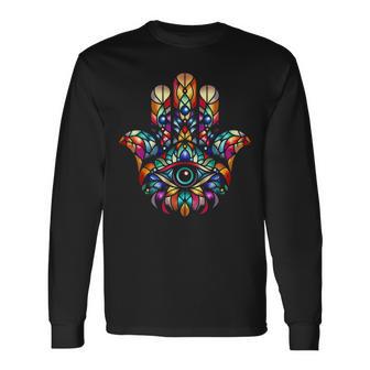 ハムサ カムサ シンボル ステンドグラス アートスタイル クリスマス 長袖Tシャツ - Kawaiitshirt