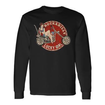 バイク ピンナップガール オールドスクール ロカビリー ラッキーガール 長袖Tシャツ - Kawaiitshirt