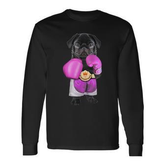パグ犬ボクシング面白いフィットネスジムワークアウト 長袖Tシャツ - Kawaiitshirt