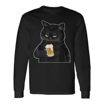 ビールを持っている黒猫 ヴィンテージ おもしろい ビール&猫好き 長袖Tシャツ - Kawaiitshirt