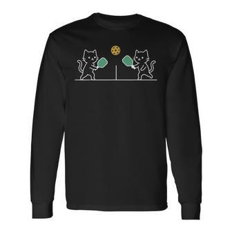 ピックルボール 猫 おもしろ ミニマル パドル アート ねこ好き ラリー コート 仲間 誕生日 かわいい 運動 楽しい 長袖Tシャツ - Kawaiitshirt