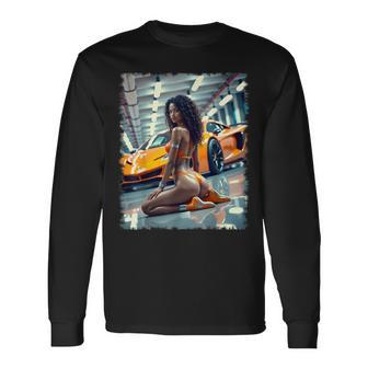 ピンナップガールtシャツ 男性用 ブラックピンナップガール&エキゾチックカー 長袖Tシャツ - Kawaiitshirt