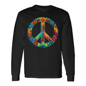 ピースマーク レトロフラワーデザイン ピースサイン 長袖Tシャツ - Kawaiitshirt