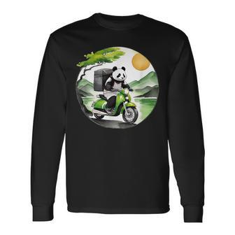 フードデリバリー パンダ おもしろ デリバリースタッフ 配達員 出前 和風 動物 長袖Tシャツ - Kawaiitshirt