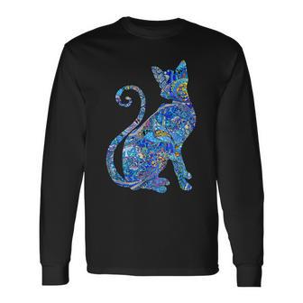 ブルー ペイズリーキャット 長袖Tシャツ - Kawaiitshirt