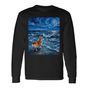 ペンブローク ウェールズ コーギー 犬 星月夜 ビーチ アートワーク 長袖Tシャツ - Kawaiitshirt