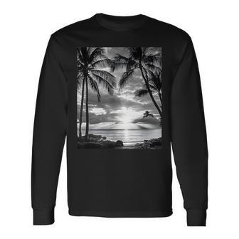 ヤシの木の白黒写真 夕焼けビンテージ写真 長袖Tシャツ - Kawaiitshirt