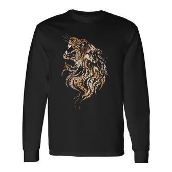ライオンフェイス クールな動物園 動物 怖いライオンヘッド 長袖Tシャツ - Kawaiitshirt