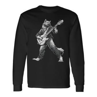 ロックンロールとギターのロッキングウルフ ヴィンテージ Rock Music 長袖Tシャツ - Kawaiitshirt