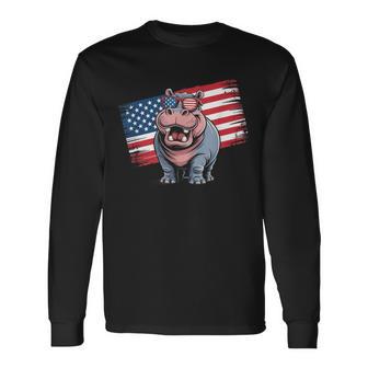 ヴィンテージ カバ アメリカ国旗 サングラス 長袖Tシャツ - Kawaiitshirt