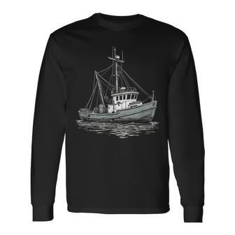 ヴィンテージ漁船 海 レトロ 船 漁師 イラスト 長袖Tシャツ - Kawaiitshirt