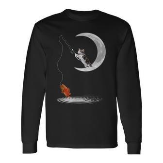 三日月で釣りをする猫 面白い猫愛好家 フィッシャー 長袖Tシャツ - Kawaiitshirt