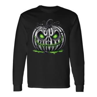 不気味なカボチャ 白い縞模様の目と笑顔 長袖Tシャツ - Kawaiitshirt