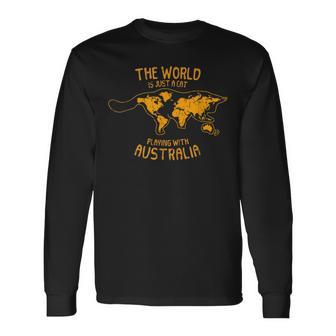 世界はオーストラリア オーストラリアで遊ぶ猫 長袖Tシャツ - Kawaiitshirt