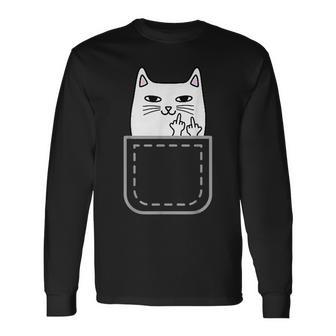 中指 猫 ポケット 面白い 漫画 猫 ホワイト プレミアム 長袖Tシャツ - Kawaiitshirt