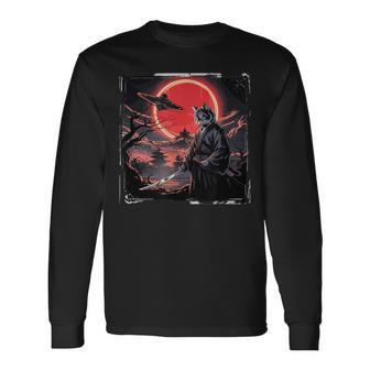 侍忍者 猫戦士 墨絵 Ufo 浮世絵f 日本語 長袖Tシャツ - Kawaiitshirt
