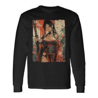 侍戦士 ワイフガール 日本の浮世絵 漫画 サムライ 長袖Tシャツ - Kawaiitshirt