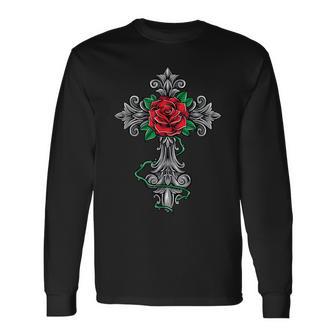 十字架とバラ 長袖Tシャツ - Kawaiitshirt