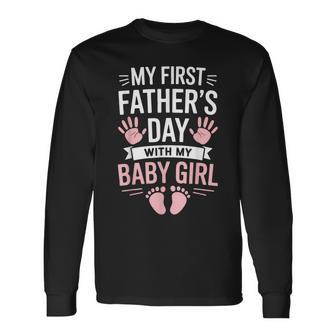 女の赤ちゃんとの初めての父の日おもしろい初めてのお父さん 長袖Tシャツ - Kawaiitshirt
