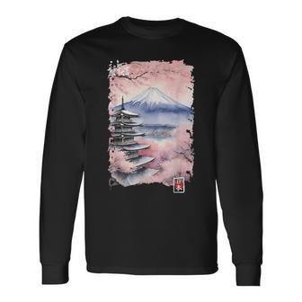富士山 日本 桜 ヴィンテージ アニメ アート ピンク 長袖Tシャツ - Kawaiitshirt