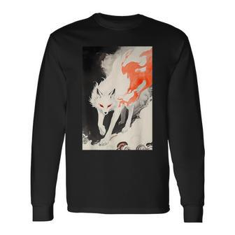 日本 キツネ 妖怪 白狐 幽霊 浮世絵 ヴィンテージ 長袖Tシャツ - Kawaiitshirt