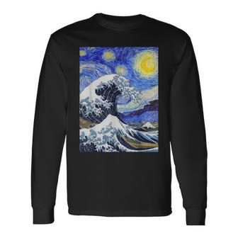 星月夜リメイクとミックスされた神奈川の大波 長袖Tシャツ - Kawaiitshirt