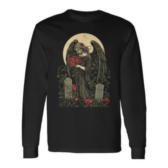 月の前でバラを持つゴシック調の天使 Goth 長袖Tシャツ - Kawaiitshirt