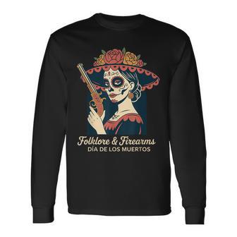 民間伝承・銃器 カラベラ・カトリーナ ディア・デ・ロス・ムエルトス 長袖Tシャツ - Kawaiitshirt