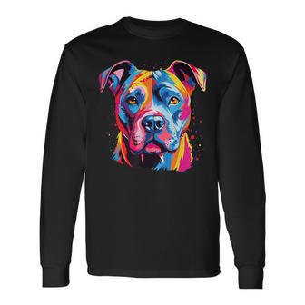 水彩のカラフルなアメリカン ピット ブル テリア犬 長袖Tシャツ - Kawaiitshirt