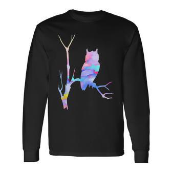水彩フクロウsiitingツリーバードウォッチングアートバード 長袖Tシャツ - Kawaiitshirt