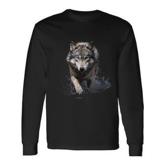 灰色のオオカミ 川を渡る オオカミ 野生動物 長袖Tシャツ - Kawaiitshirt