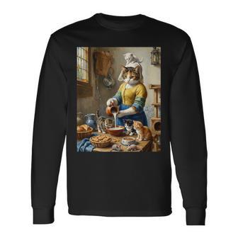 牛乳を注ぐ猫 フェルメール風 名画パロディ 油絵アート 可愛い子猫 おもしろ 猫好き 長袖Tシャツ - Kawaiitshirt