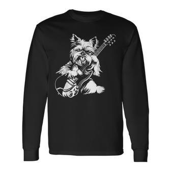犬 ギタリスト ギター ティーカップ ヨーキー パパ ママ 長袖Tシャツ - Kawaiitshirt
