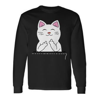 猫 中指 おもしろバッグ 長袖Tシャツ - Kawaiitshirt
