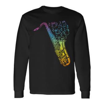 猫とサックスのサクソフォン楽器 長袖Tシャツ - Kawaiitshirt
