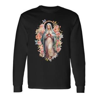 祝福された母 マリア イエスの母 バラ 聖母 カトリック 長袖Tシャツ - Kawaiitshirt