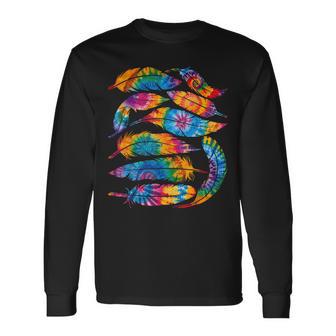 絞り染め カラーフェザー アメリカ インディアン プライド ネイティブアメリカン 長袖Tシャツ - Kawaiitshirt
