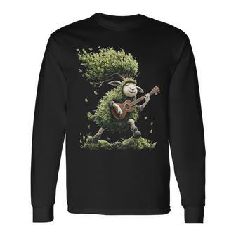 羊の木 ミュージシャン ギター グラフィック 動物 モチーフ 羊 長袖Tシャツ - Kawaiitshirt