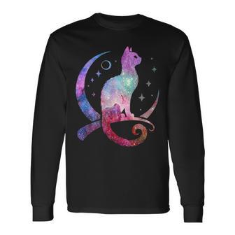 美しい宇宙星雲銀河猫のシルエット 長袖Tシャツ - Kawaiitshirt