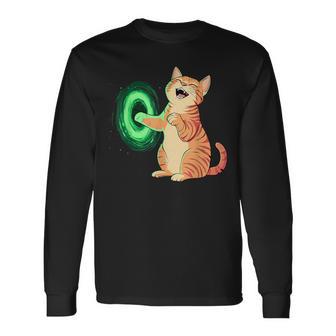 背中にポータル中指を持ついたずらな猫コスチューム。 長袖Tシャツ - Kawaiitshirt