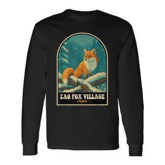 蔵王キツネ村 日本 – ヴィンテージ雪に覆われたキツネアート 長袖Tシャツ - Kawaiitshirt
