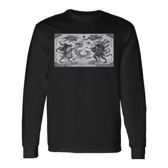 蛙の風神雷神デザイン 和風モノクロアート 長袖Tシャツ - Kawaiitshirt