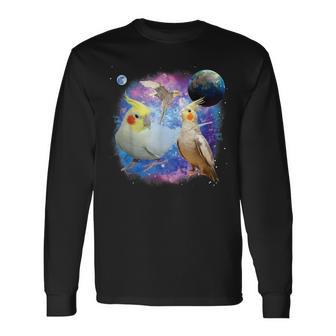 銀河を飛んでいる面白いオカメインコ オカメインコ 長袖Tシャツ - Kawaiitshirt