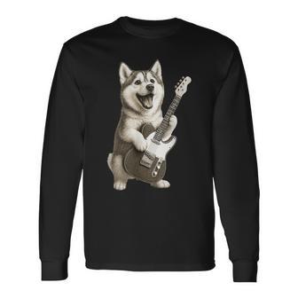 面白いtシャツ シベリアンハスキー 犬 ギター イヌ メンズ グッズ かわいい おもしろ 面白い 服 ネタ 長袖Tシャツ - Kawaiitshirt