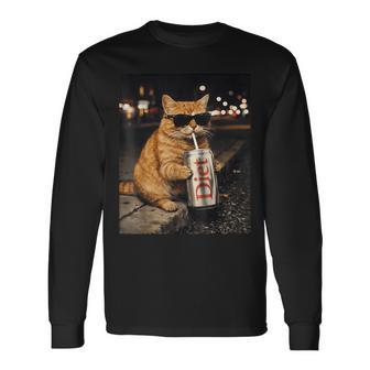 面白いナイトライフ オレンジ 猫 飲酒 ダイエット ドリンク サングラス 長袖Tシャツ - Kawaiitshirt